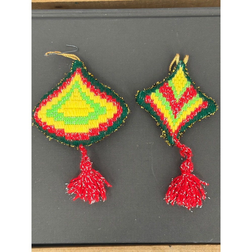 Vintage‎ Handmade Needlepoint Christmas Ornaments Set 2 Red Green Yellow Tassels